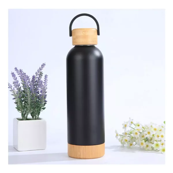 Bouteilles en Acier Inoxydable à Double Parois avec Base et Couvercle en Bambou 750 ml – Image 4