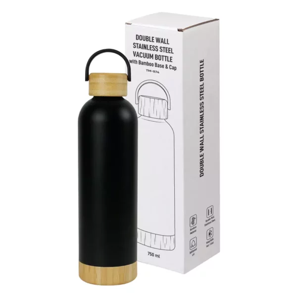 Bouteilles en Acier Inoxydable à Double Parois avec Base et Couvercle en Bambou 750 ml – Image 2